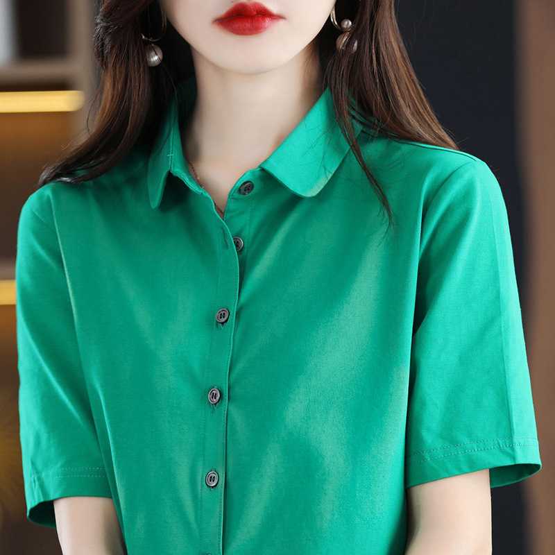 Spring and Summer Cotton POLO Collar Shirt Short-sleeved Cardigan Thin Women's 23 New Lapel Base Top Coat