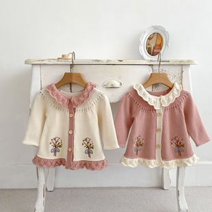Ins2025 Spring and Autumn Baby Girl Retro Embroidered Cardigan Jacket Western Style Ruffled Lapel A-Line Long Sweater