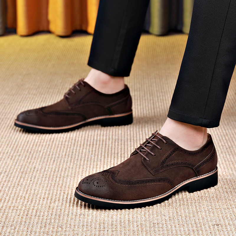 Giày Brogue nam da lộn phong cách Anh, giày lười mũi nhọn đế cao su, phối chỉ khâu — 858 kaki, 858 màu nâu sẫm, 858 đen