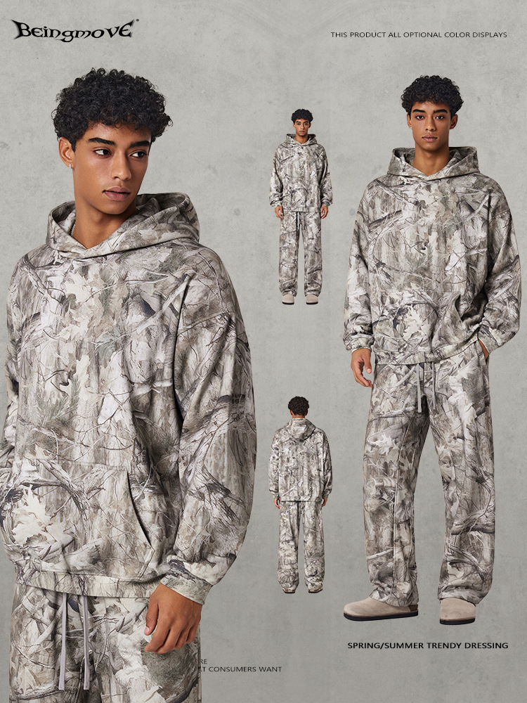 Calle secada| 2025 otoño Europa y Estados Unidos transfronterizos hiphop callejera con camisa encapuchada de terciopelo camisa de camuflaje para hombre