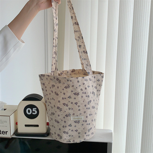 36201 New Floral Canvas Bucket Bag Korean Style Women's Simple Large Capacity Shoulder Bag Shopping Crossbody Bag