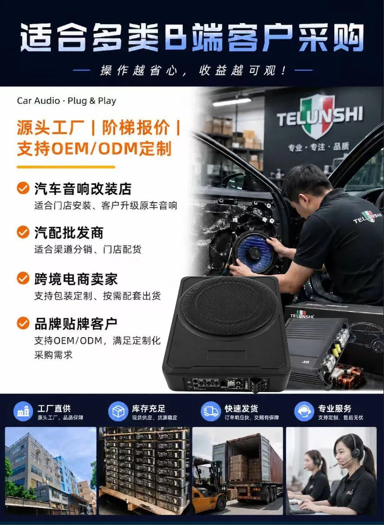 Car-Mounted 12V Ultra-Thin Subwoofer with Multi-Color Aluminum Shell, Active Under-Seat Bass Speaker Upgrade, Direct Supply from Oem Factory