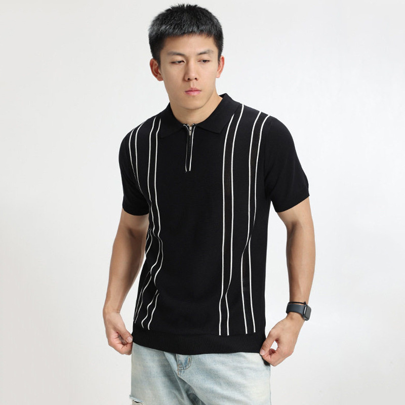 Polo camiseta camiseta de punto camiseta de manga corta camiseta de hombre solapa media cremallera rayas viejas líneas de viento de hielo de verano fábrica transfronteriza al por mayor