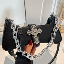 跨境y2k包包美式复古辣妹风暗黑十字架链条机车包女士单肩腋下包