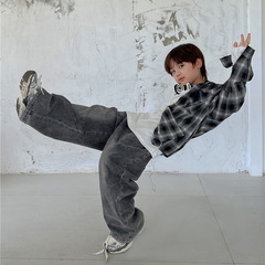 24春款童裝兒童襯衣韓版小破洞下擺毛邊貼標水洗男女童格子襯衫潮