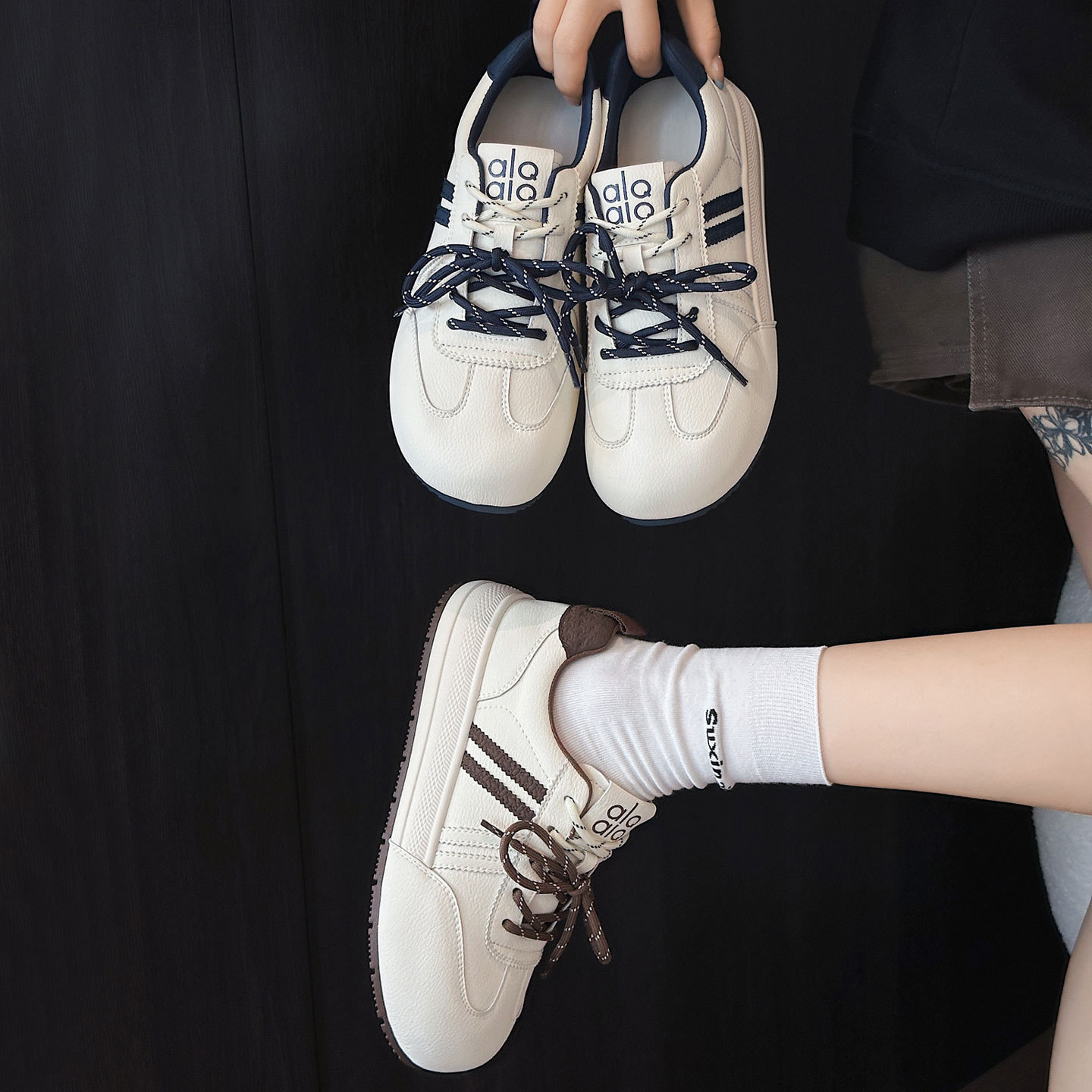 Genuine Leather Thick-Soled Moral Training Shoes for Women 2025 Autumn New Versatile Lightweight White Shoes Round Toe Color Matching Lace-Up Sports Sneakers