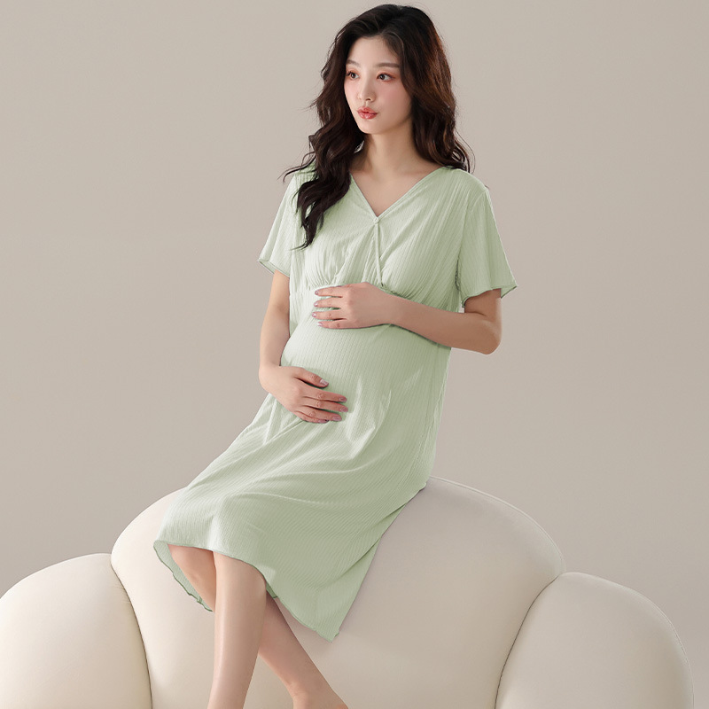 Summer Women's Nightgown Modal Maternity Short-Sleeved Dress with Breast Pads, Light and Soft Confinement Clothes That Can Be Worn Outside Summer Women's Nightgown Modal Maternity Short-Sleeved Dress with Breast Pads, Light and Soft Confinement Clothes That Can Be Worn Outside
