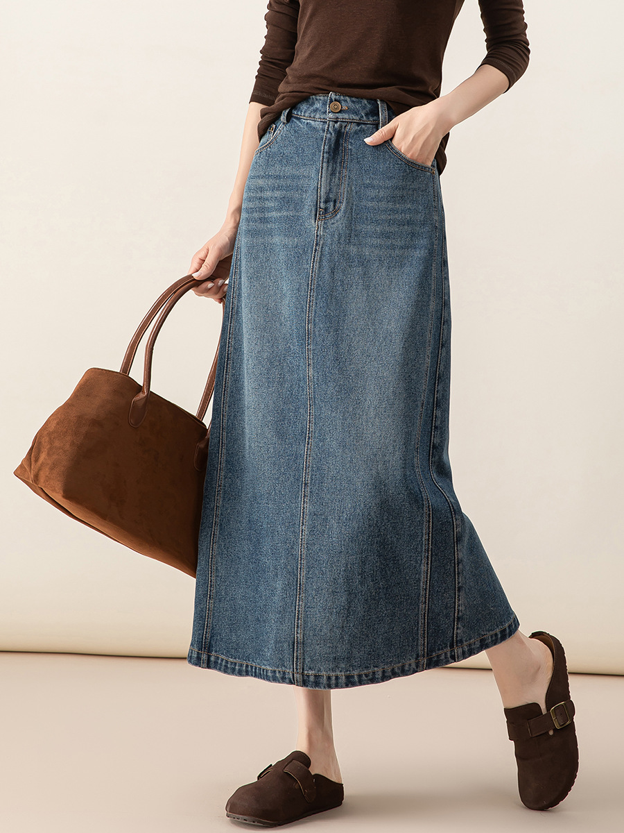 Chân váy denim Lyocell nữ cạp cao dáng A xẻ tà dài trung bình — màu xanh