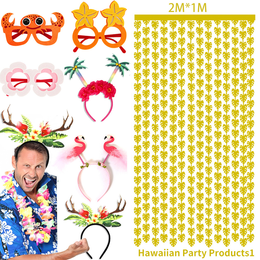 Conjunto combinado de festa com tema de verão, produtos decorativos tropicais do Havaí, óculos, faixas de cabelo, cortinas de seda de chuva, conjunto de verão_voghion.com