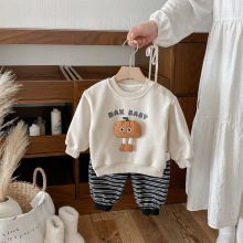 点兮2025秋冬新款婴幼儿加绒卡通卫衣套装宝宝上衣条纹卫裤两件套