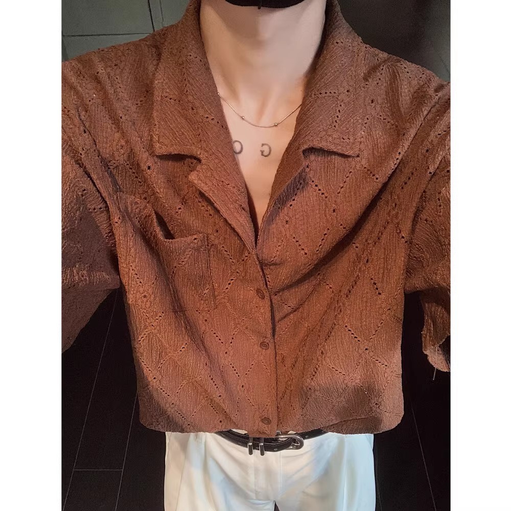 Old Qian Feng brown Hollow Short-sleeved Shirt Men's Summer Breathable Half-sleeved Shirt Cuban Collar Draped Half-sleeved Jacket