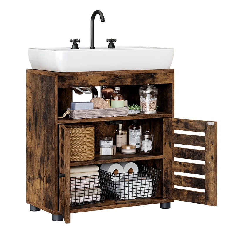 Mueble de baño moderno minimalista color nogal, mueble de almacenamiento de doble puerta para baño