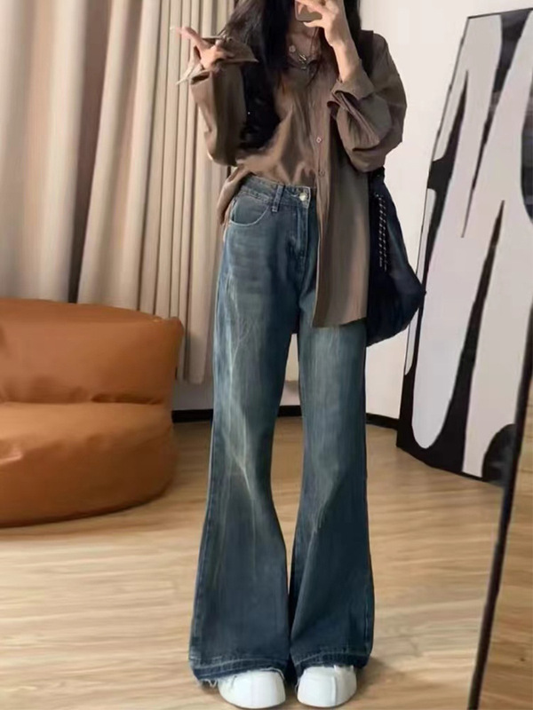 大码复古美式微喇叭牛仔裤女秋胖mm宽松显瘦高腰直筒阔腿拖地裤|undefined