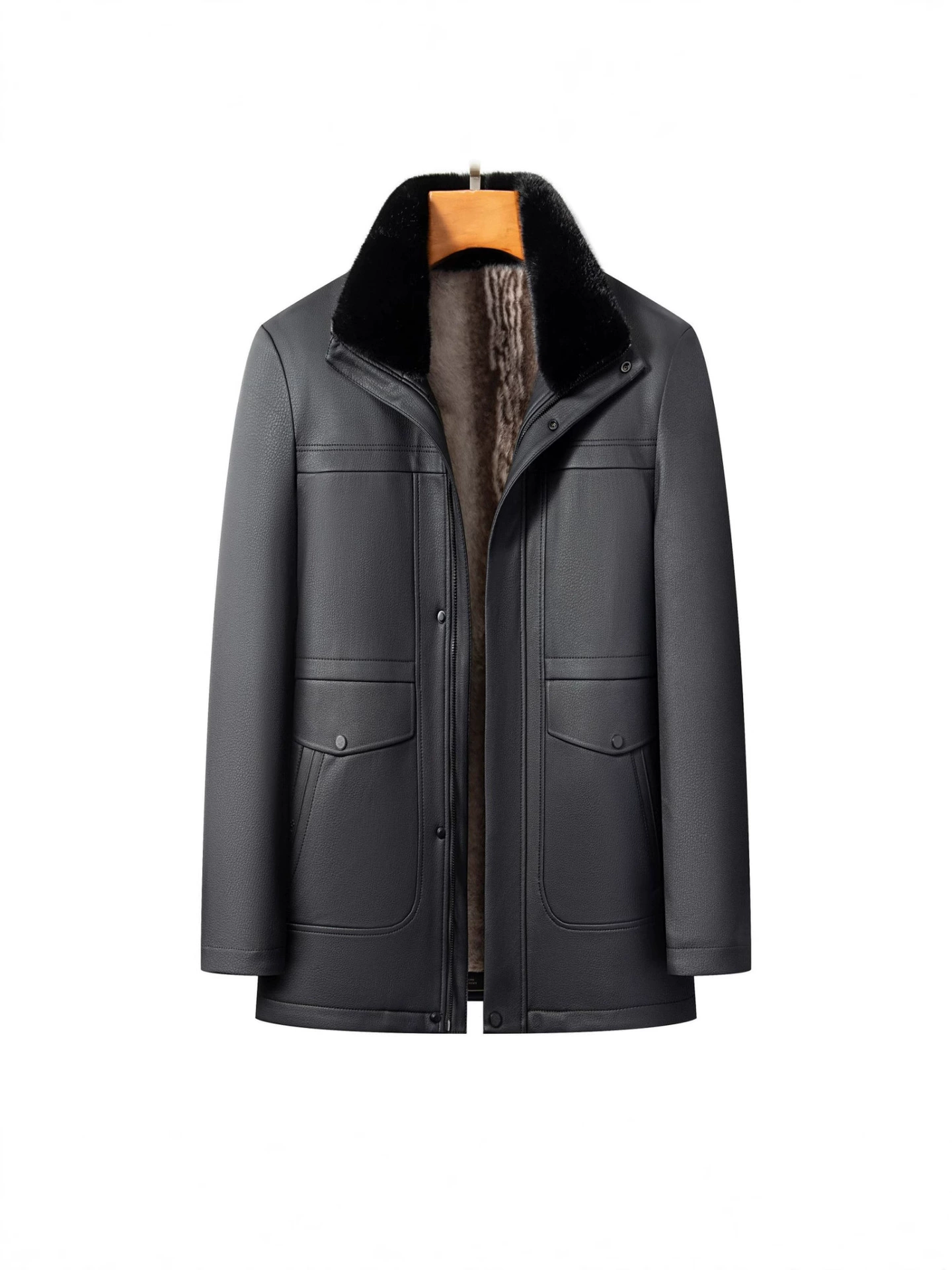 Winter warm long jacket, genuine leather, for middle-aged man, mid-length