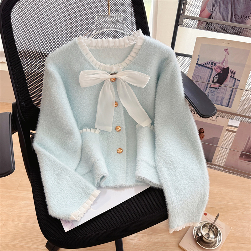 Kaning Sweet Lace Collar Bow Knitted Cardigan for Women 2026 Autum New Style Small Fragrant Style Sweater Jacket for Women