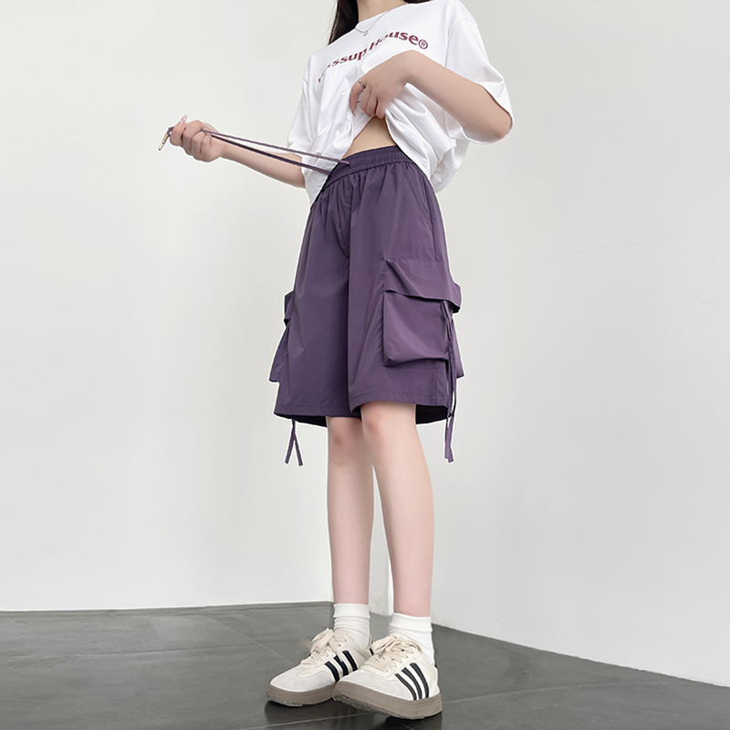 Short Purple Shorts for Women, Summer High-Waisted American Casual Active Shorts, Petite Quick-Dry Outerwear Wide-Leg Knee-Length Shorts