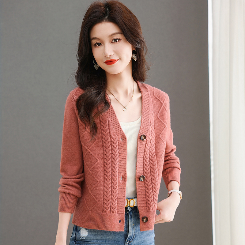 V领针织开衫外套女春秋2024新款小个子高腰配裙子外搭麻花毛衣薄，女装针织衫/毛衣，妃慕昵服饰