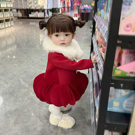 女童拜年服2023新款小童新年衣服宝宝灯笼裙红色长袖连衣裙礼服裙