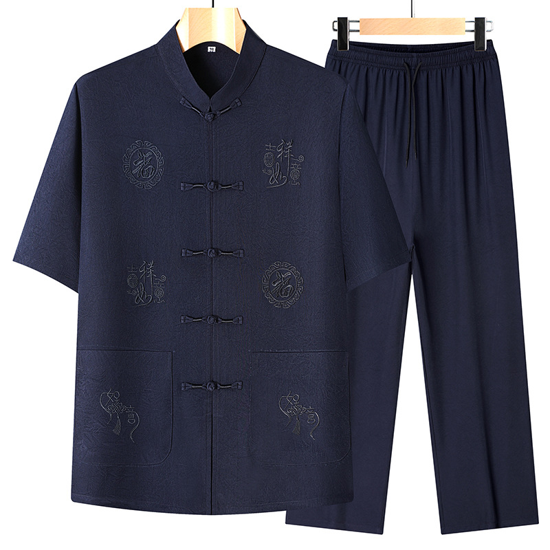 Summer breathable Tang suit short-sleeved set for middle-aged and elderly grandfathers, thin Chinese style stand collar, Chinese knot button embroidery two-piece set, retro style