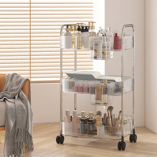 High-end home kitchen transparent white storage rack simple mobile trolley bathroom storage rack floor-standing storage rack