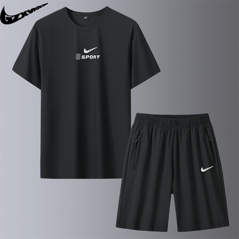 Men's Ice Silk Quick-Drying Suit Summer High-Quality Short-Sleeved T-Shirt Shorts Two-Piece Set Loose Casual Sportswear for Men