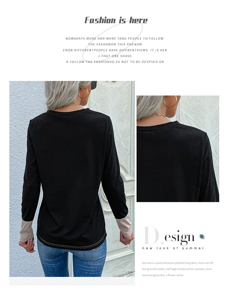 autumn Long Sleeve V-neck color matching Loose T-shirt nihaostyles wholesale clothing NSDMB93676