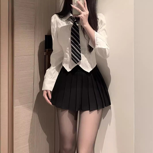JK Uniform Set Academic StyleWaist-CinchedWhite Shirt for WomenShort SleeveDesign-FocusedNicheSlimmingFittingFoot Bath Collar