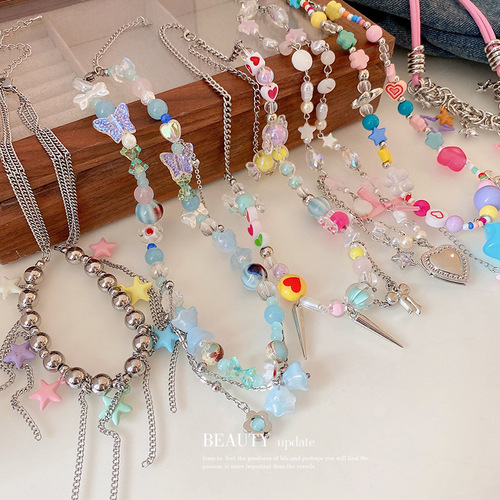 Dopamine colorful beaded butterfly star bow love tassel necklace sweet clavicle chain girl heart necklace