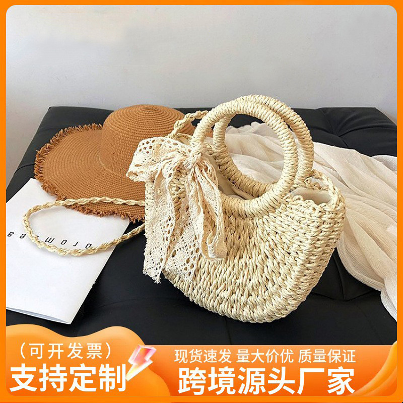 Summer Straw Bag Holiday Handbag Women's Bow Silk Scarf Shoulder Bag Woven Seaside Beach Crossbody Bag New Style