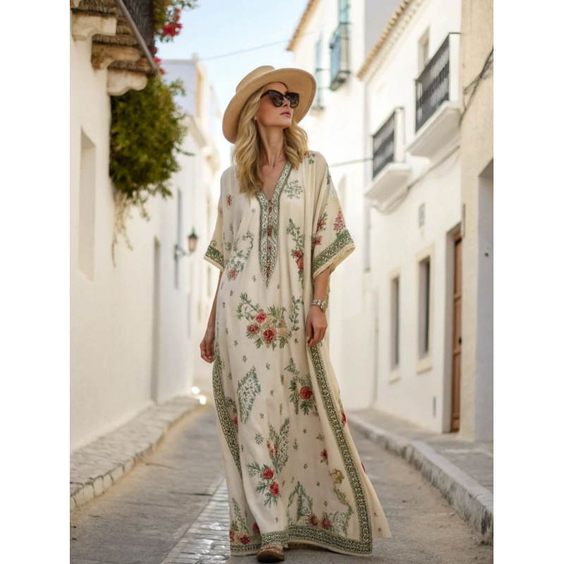 European and American Cross-Border New Bohemian Style Women's Clothing for Seaside Vacation 3D Printed Loose Kaftan Robe Dress European and American Cross-Border New Bohemian Style Women's Clothing for Seaside Vacation 3D Printed Loose Kaftan Robe Dress