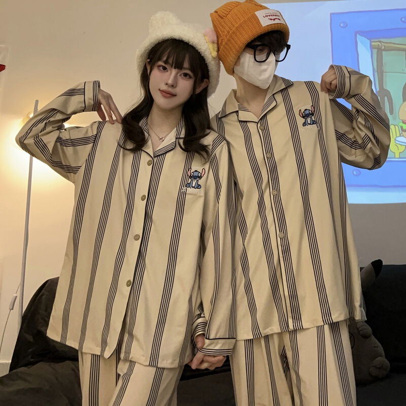 Factory wholesale couple pajamas cartoon striped stitch Spring and Autumn long sleeve loose home wear suit can be worn outside