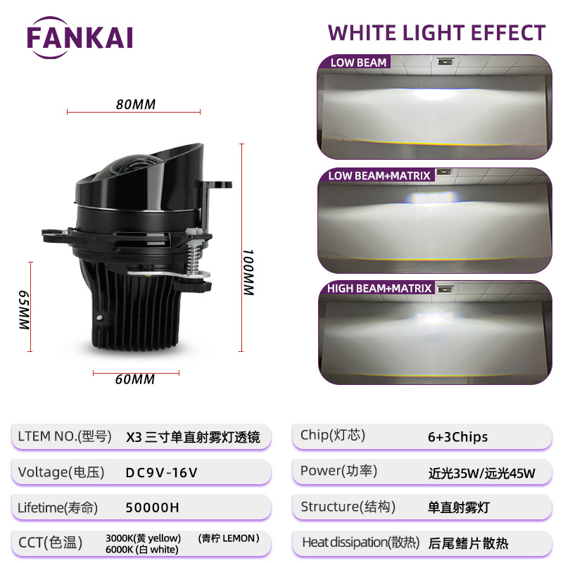 3. pulgadas tres luz matriz LED lente de lámpara de niebla de doble luz 45W de alta potencia para automóviles de modificación de luz alta y baja soporte universal