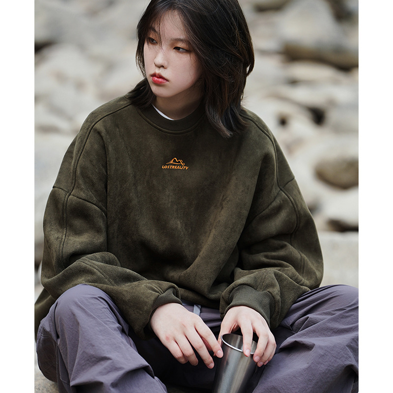 350g Heavyweight Suede Sweatshirt for Men 2025 Spring New Mountain Style Retro Loose Trendy Brand Couple Round Neck Jacket