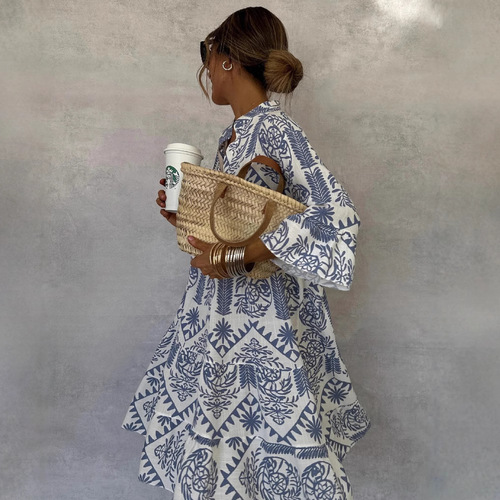 2025 Independent Station Dress, Instagram Style Casual Print Seven-Sleeve Shirt Dress for Women