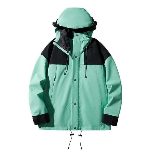 Spring and Autumn Outdoor Windproof & Waterproof Jacket with Detachable Hood—Men's and Women's Couple Style, Available in Navy Blue Patchwork
