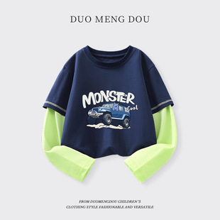 Boys' Fake Two-Piece Long-Sleeved T-Shirt Kidsren's Round Neck Top Big Kidsren's Spring & Fall Contrasting Color Splicing Sleeves Boys' Cartoon Kidsren's Clothing