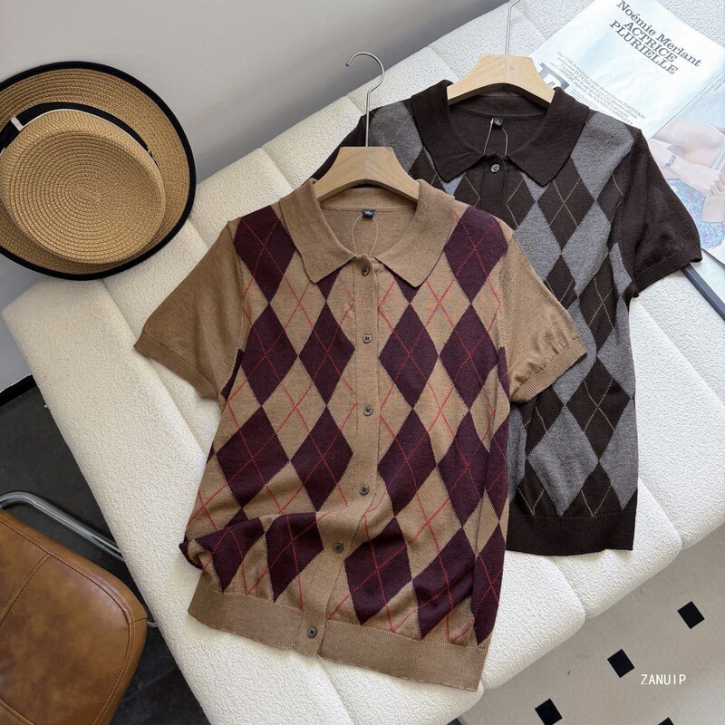 2026 Autumn New Collection: Fine Merino Wool Blend Polo-Neck Knit Cardigan, Short-Sleeve Women's T-Shirt Sweater