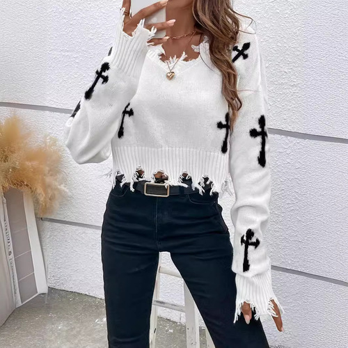 Cross-stitch hole tassel design sense trendy long-sleeved loose matchless turtleneck knitted sweater top