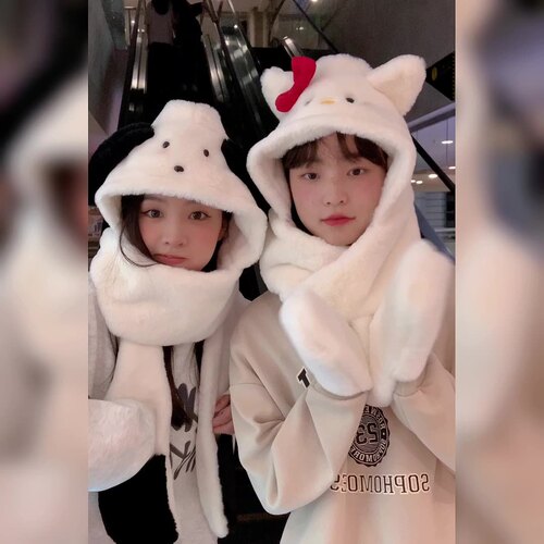Spot is released in seconds! Cute cat plush hat for keeping ears warm in autumn and winter and matching hat and scarf wholesale in one piece