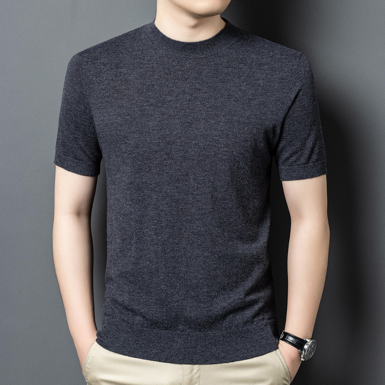 100% 羊ウールニットボトムシャツメンズ半袖ニットウールセーター Tシャツビジネス多用途無地卸売セーター|undefined