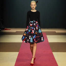 欧美跨境圣诞节新款气质休闲长袖修身圆领印花大摆礼服连衣裙外贸