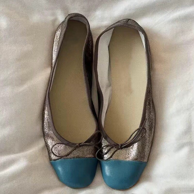 Sheepskin version! 1cm Korean retro style color-block ballet flats with a shallow opening and bow detail, perfect for pairing with dresses, women's flat shoes Sheepskin version! 1cm Korean retro style color-block ballet flats with a shallow opening and bow detail, perfect for pairing with dresses, women's flat shoes