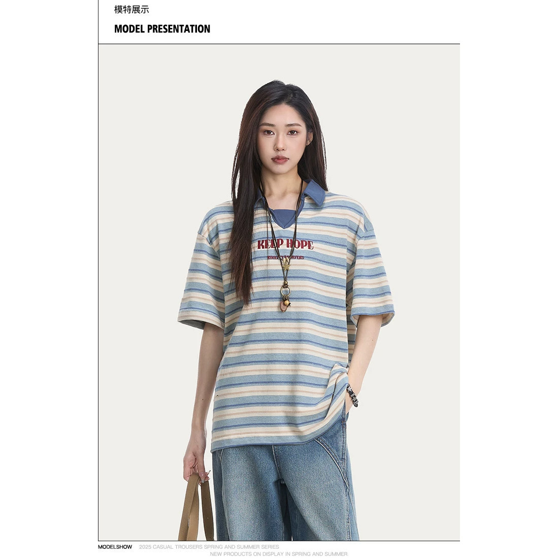 RESUMM American Retro College Style Striped Short-Sleeve Polo Shirt for Women, 2026 Summer New Loose Casual Top