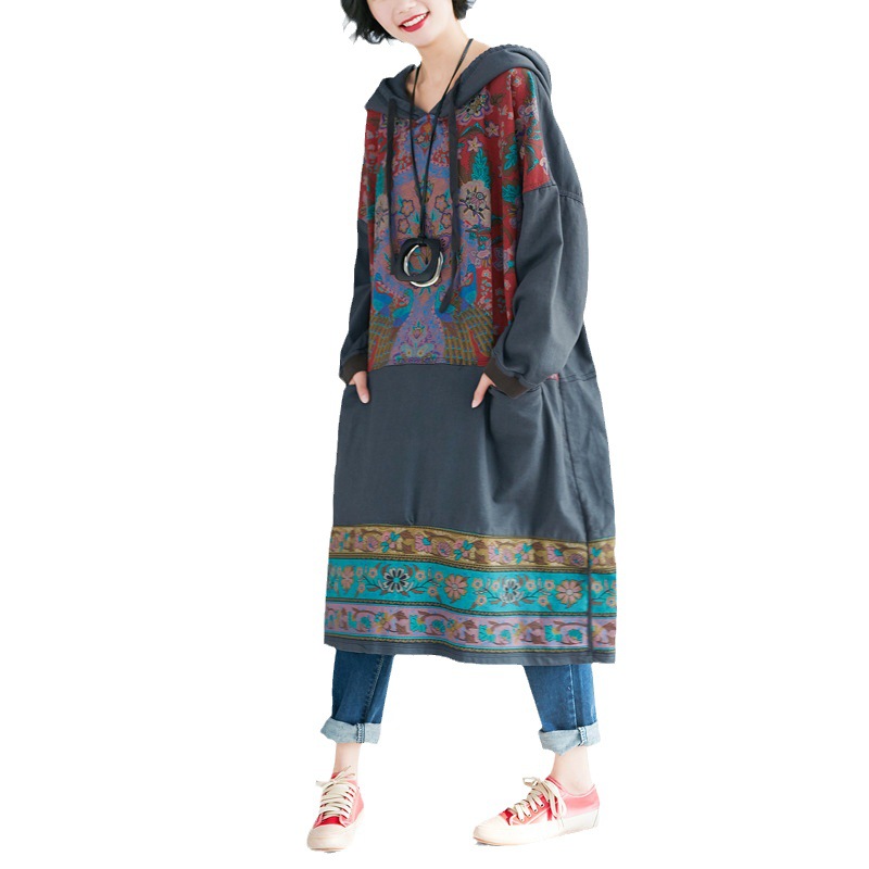 Vestido estilo étnico nuevo de 2025, largo medio, con estampado único de gran tamaño, estilo casual, sudadera con capucha image 6