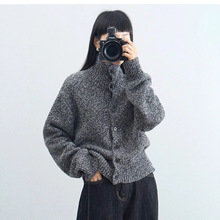 高级感排扣夹花灰色立领羊毛针织开衫女2025秋冬宽松休闲毛衣外套