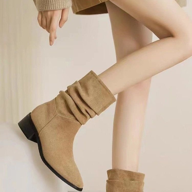 ShoeVault 2025 Wiosna Nowe Retro Szpiczaste Buty Na Grubym Obcasie Krótkie Kowbojskie Buty Do Jazdy w Stylu Western Dla Kobiet_voghion.com