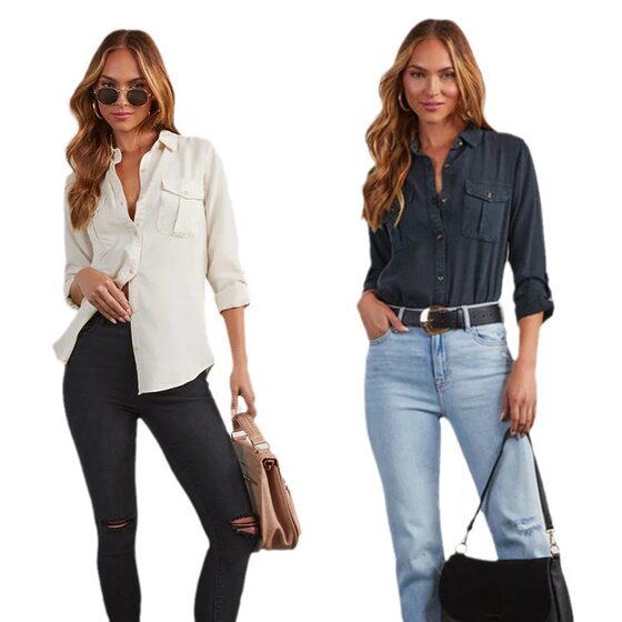 Denim Shirt 24 Years Europe and America Cross-border Amazon Autumn Leisure Lapel Single-breasted Women's Long Sleeve Denim 16810