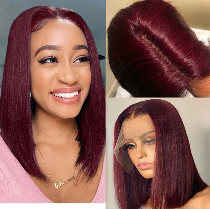Hot Selling Cross-Border Wig Burgundy Short Hair European and American Ladies Fashionable Straight Hair Chemical Fiber Wig Sets Ready for Sale