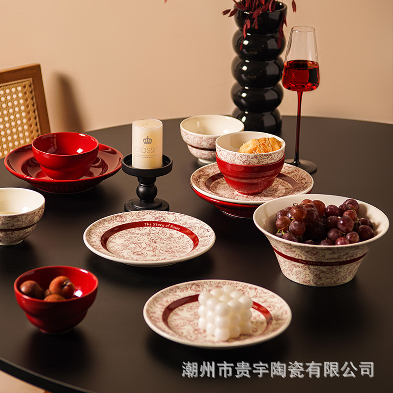 玫瑰故事高档碗碟餐具陶瓷新婚礼物送新娘红色碗盘筷套装结婚礼盒|undefined