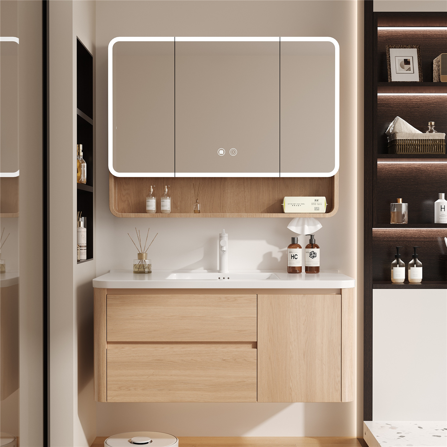 Natural Wood Color Japanese-Style Space Aluminum Honeycomb Arc Bathroom Cabinet Combination Ceramic Integrated Washbasin Sink Vanity